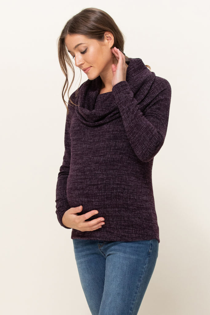 Purple Cowl Neck Sweater Knit Maternity Top