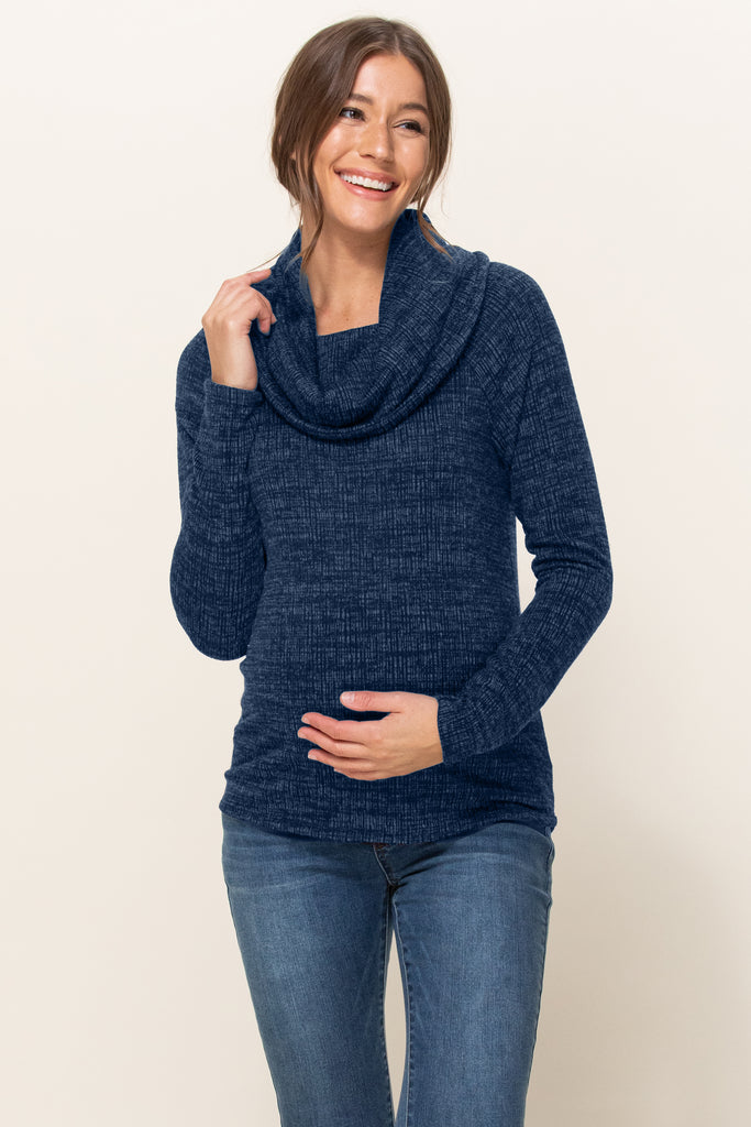 Navy Cowl Neck Sweater Knit Maternity Top