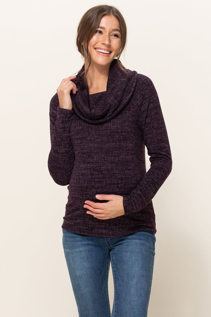Purple Cowl Neck Sweater Knit Maternity Top
