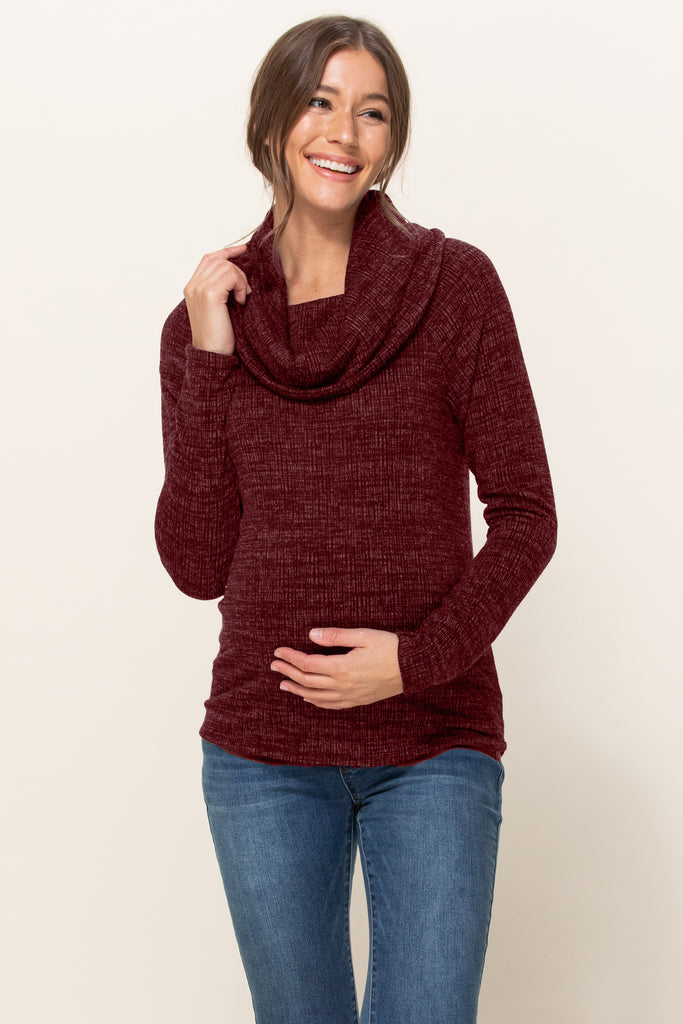 Burgundy Cowl Neck Sweater Knit Maternity Top