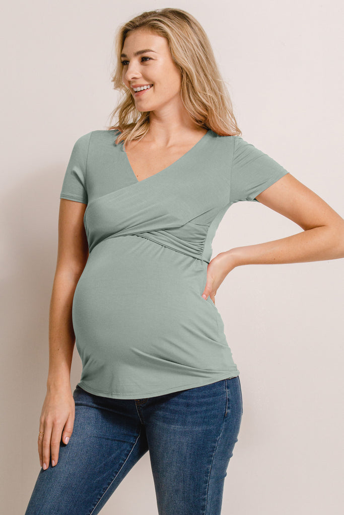 Sage V-Neck Wrap Maternity/Nursing Top