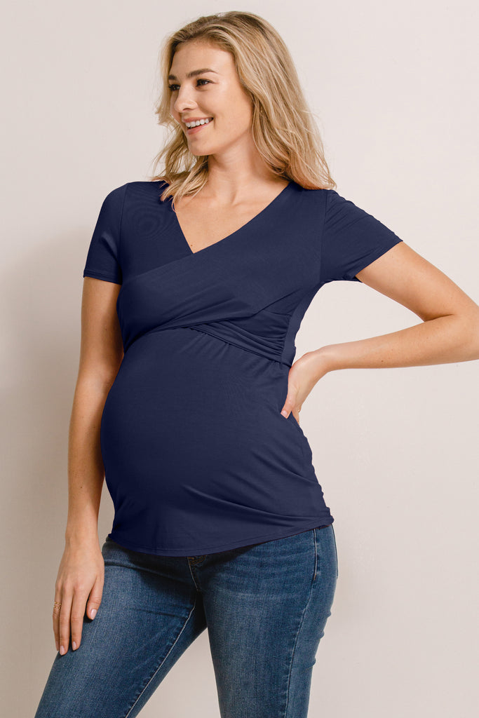 Navy V-Neck Wrap Maternity/Nursing Top