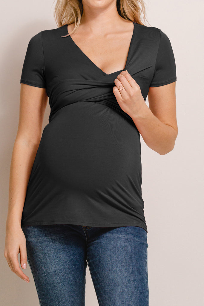 Black V-Neck Wrap Maternity/Nursing Top