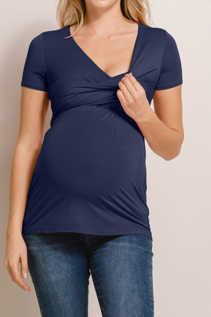 Navy V-Neck Wrap Maternity/Nursing Top