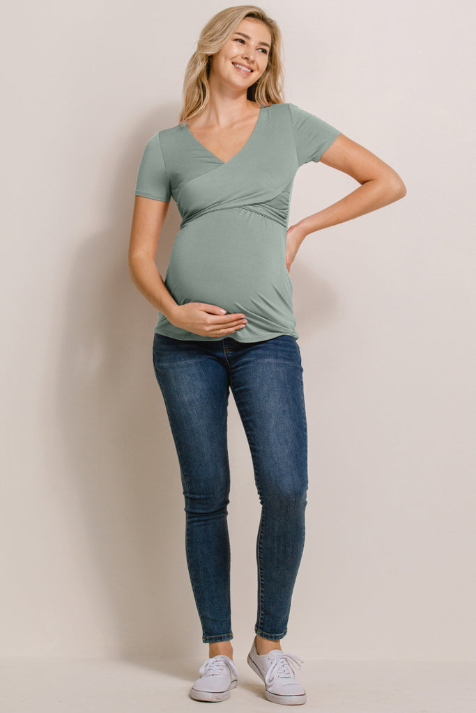 Sage V-Neck Wrap Maternity/Nursing Top