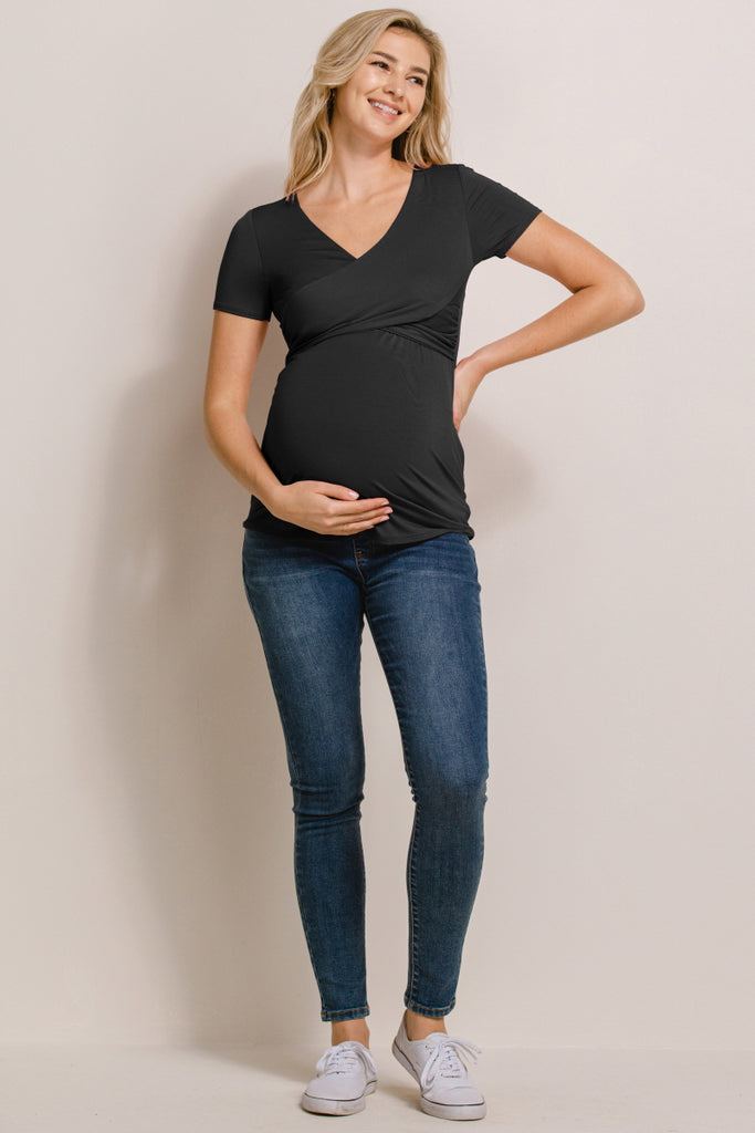 Black V-Neck Wrap Maternity/Nursing Top