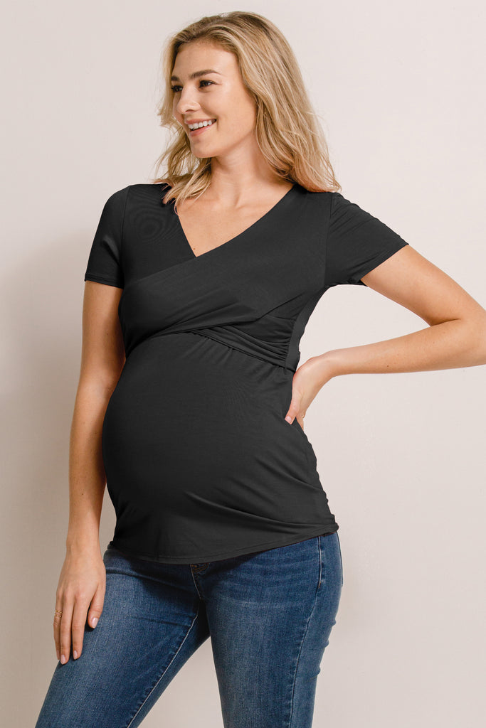 Black V-Neck Wrap Maternity/Nursing Top