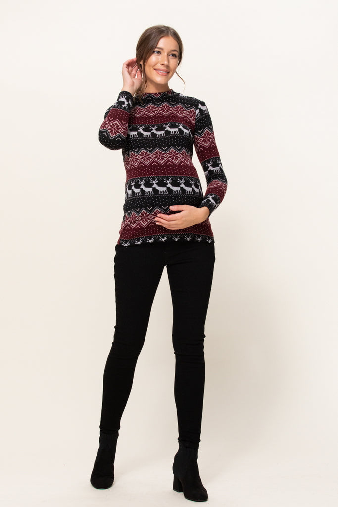 Burgundy Leaf Sweater Knit Maternity Top