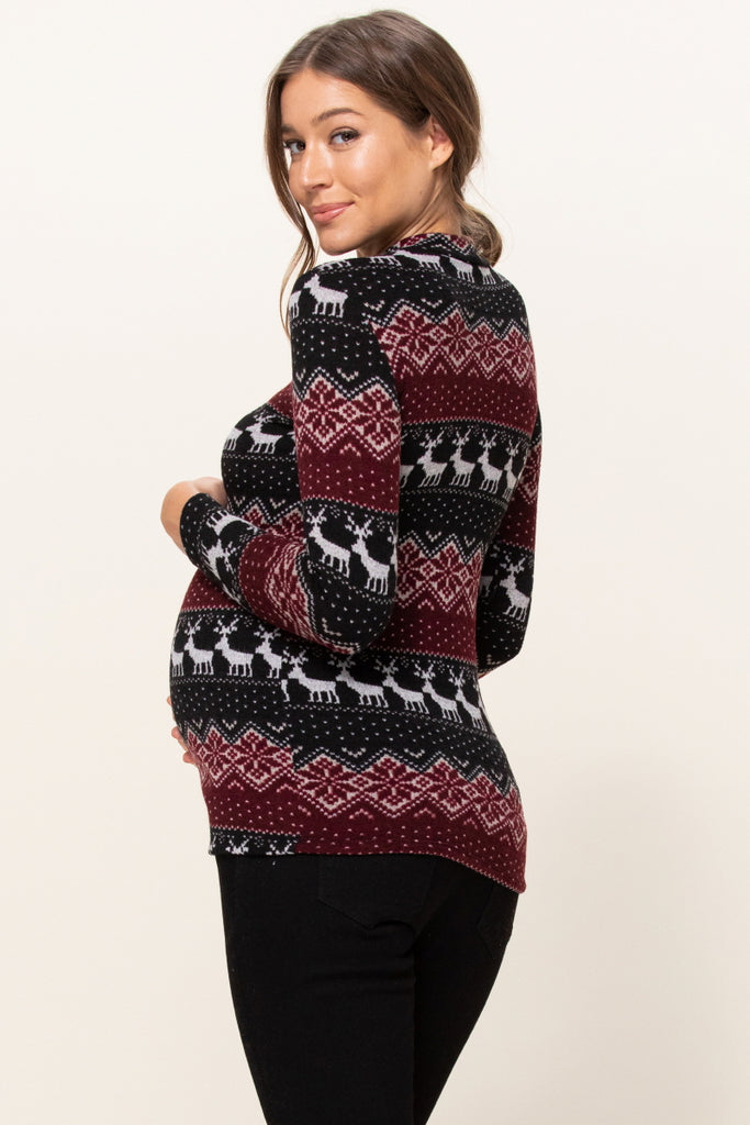 Burgundy Leaf Sweater Knit Maternity Top