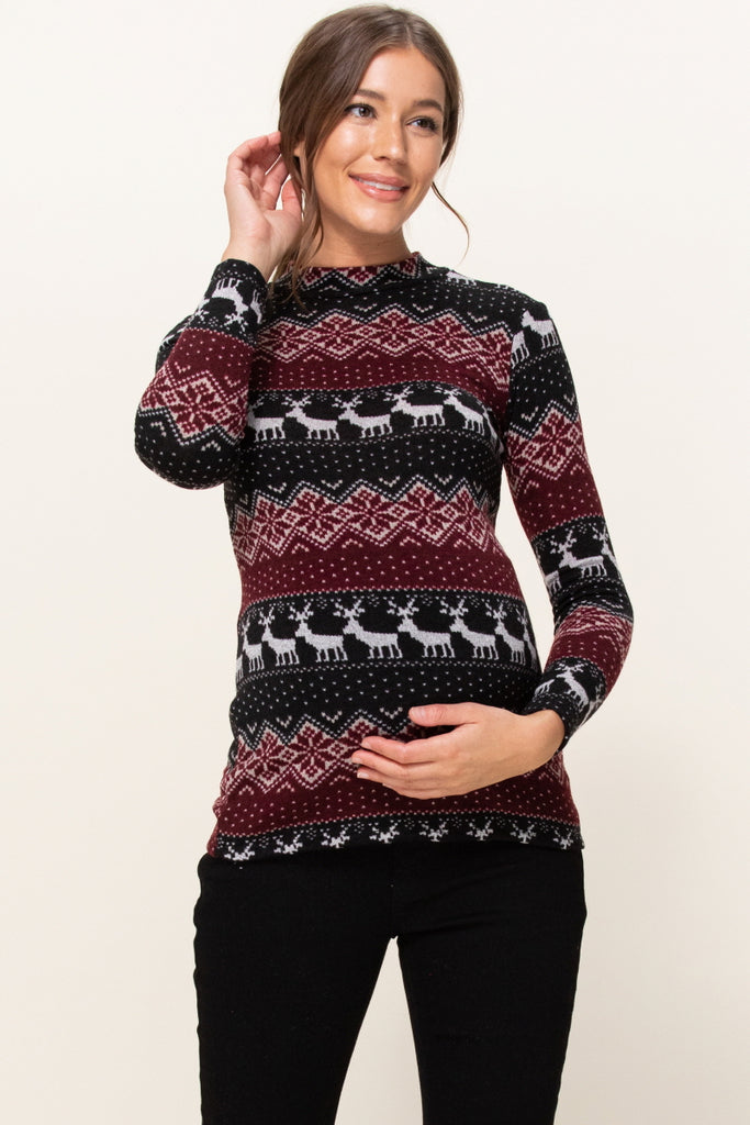 Burgundy Leaf Sweater Knit Maternity Top