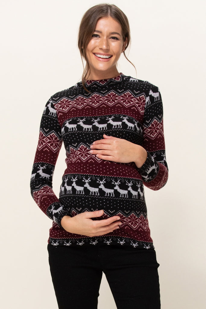 Burgundy Leaf Sweater Knit Maternity Top