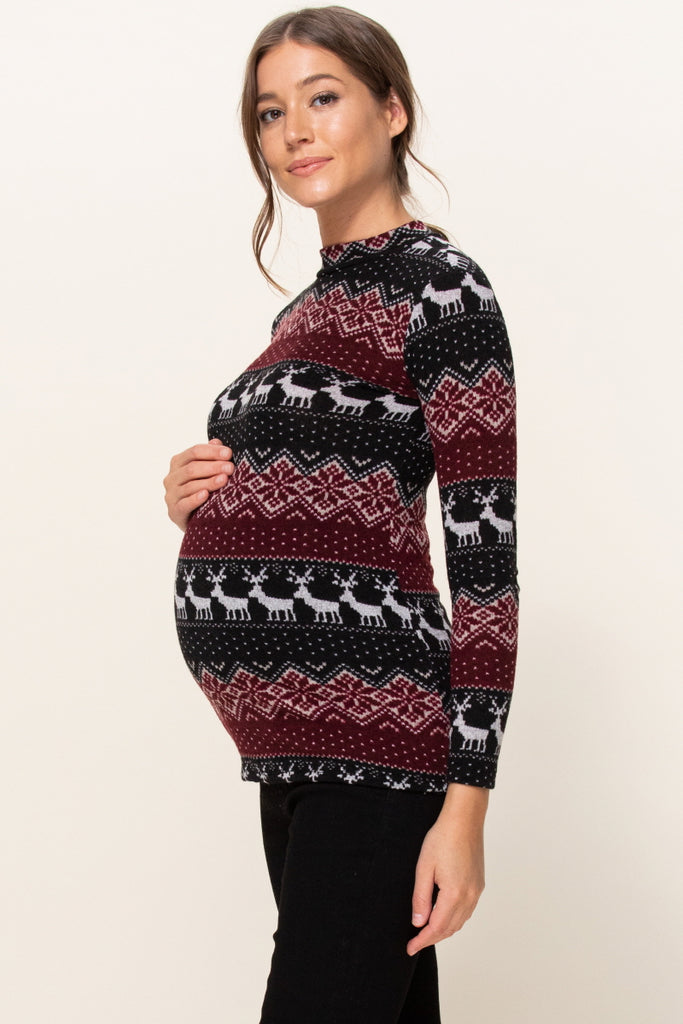 Burgundy Leaf Sweater Knit Maternity Top