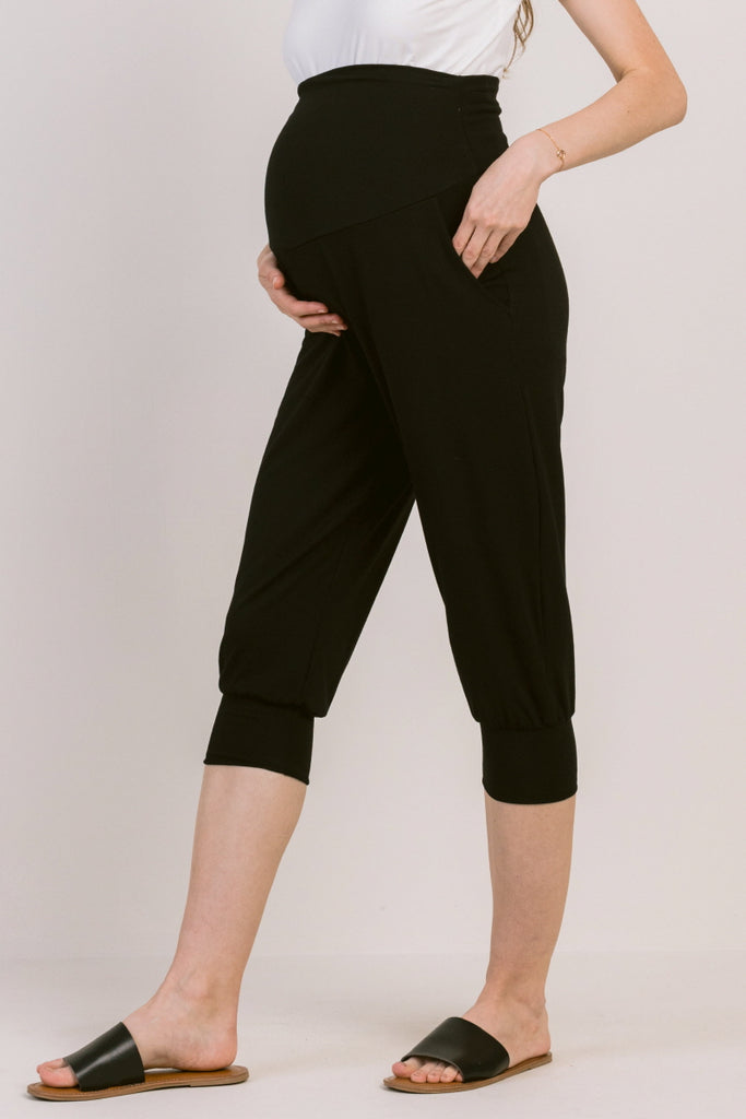 Black Side Pocket Maternity Capri Jogger Pants