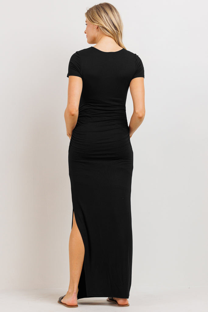 Black X-String Neck Ruched Maternity Maxi Dress