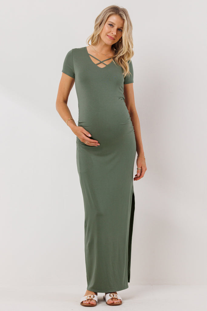 Olive X-String Neck Ruched Maternity Maxi Dress