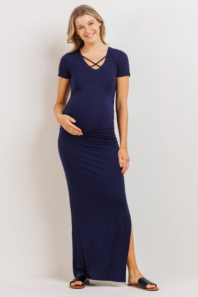 Navy X-String Neck Ruched Maternity Maxi Dress