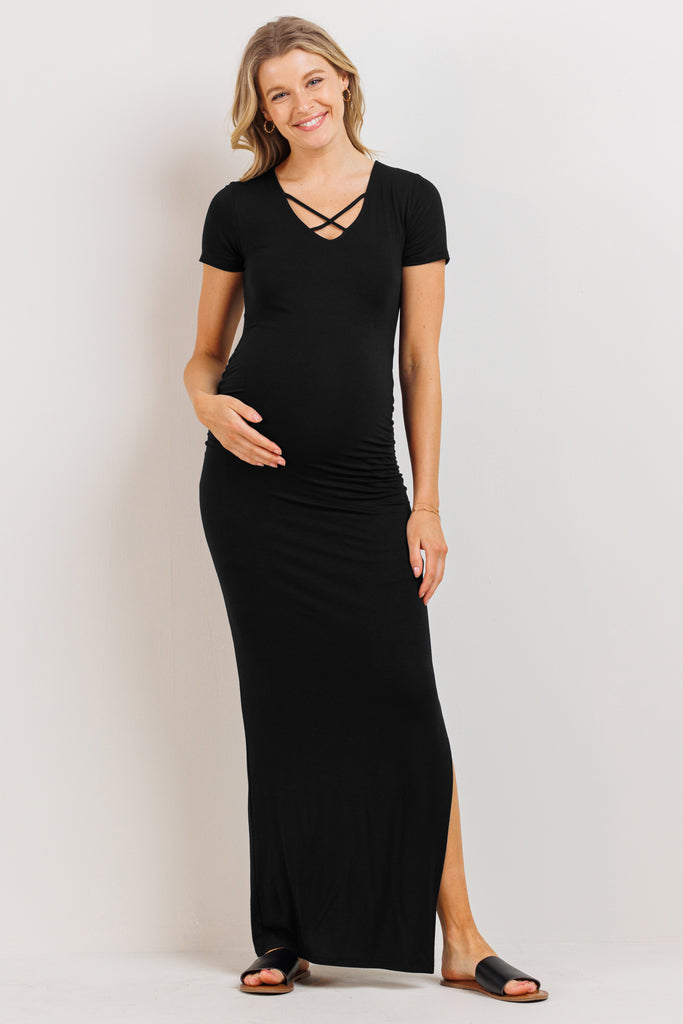 Black X-String Neck Ruched Maternity Maxi Dress