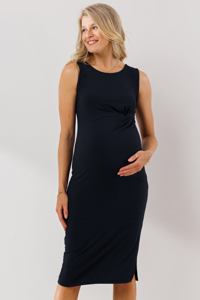 Black Ribbed Twist Detail Front Maternity Dress