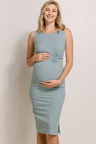 Sage Ribbed Twist Detail Front Maternity Dress