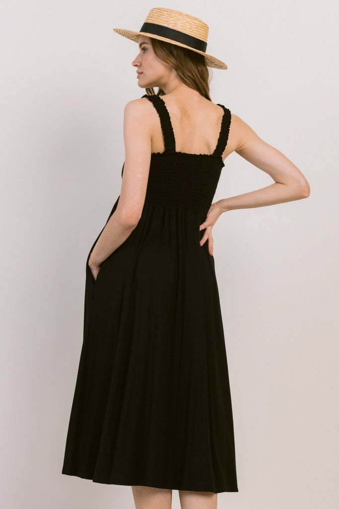 Black Smocking Tube Maternity Flare Midi Dress Back