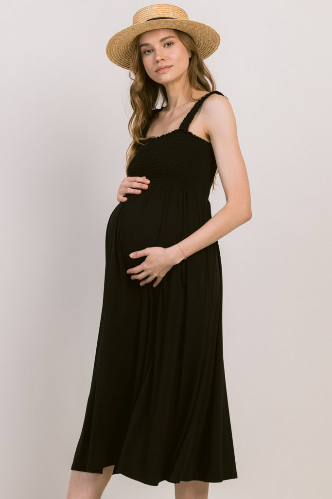 Black Smocking Tube Maternity Flare Midi Dress Side