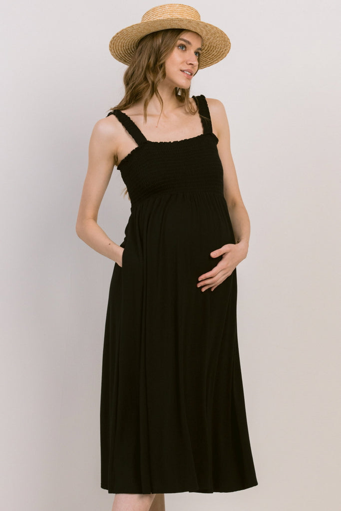 Black Smocking Tube Maternity Flare Midi Dress Front