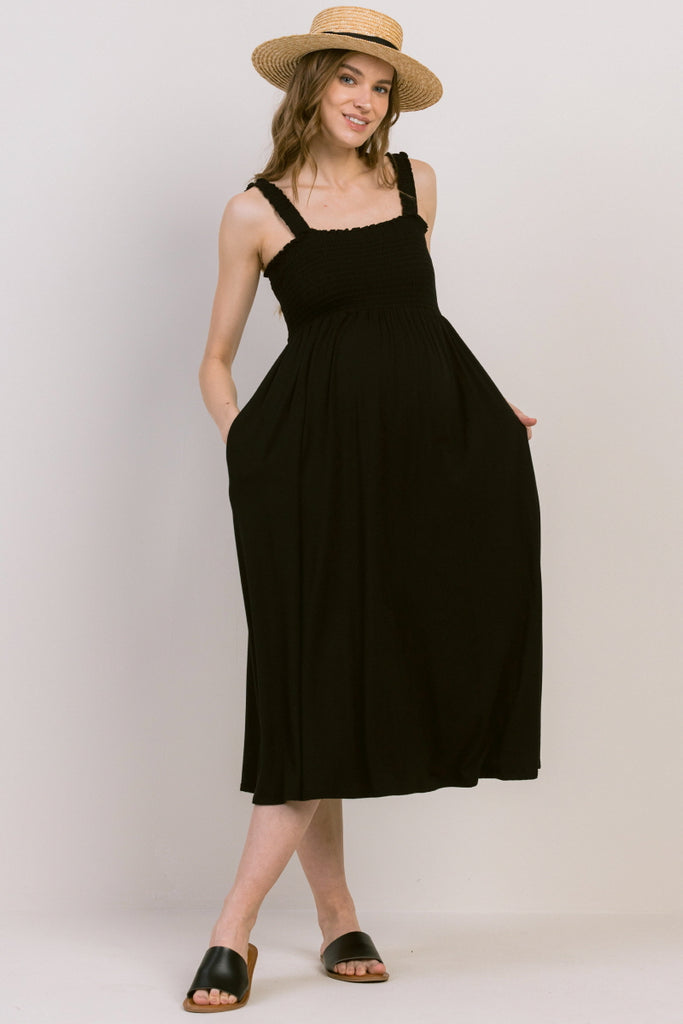 Black Smocking Tube Maternity Flare Midi Dress Front