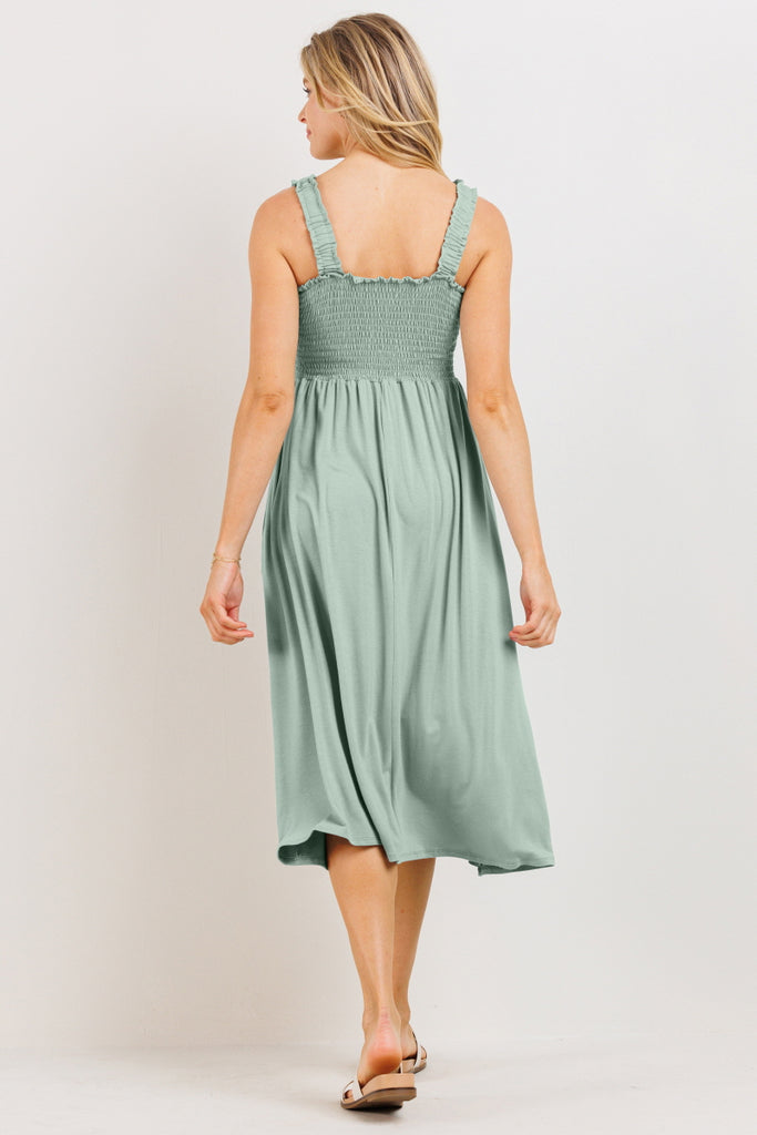 Sage Smocking Tube Maternity Flare Midi Dress Back