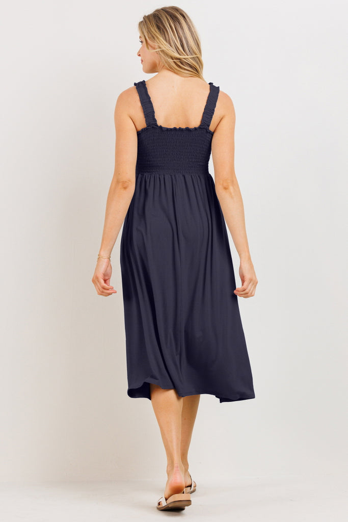 Navy Smocking Tube Maternity Flare Midi Dress Back