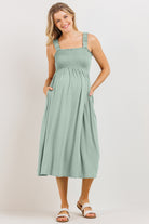 Sage Smocking Tube Maternity Flare Midi Dress Front