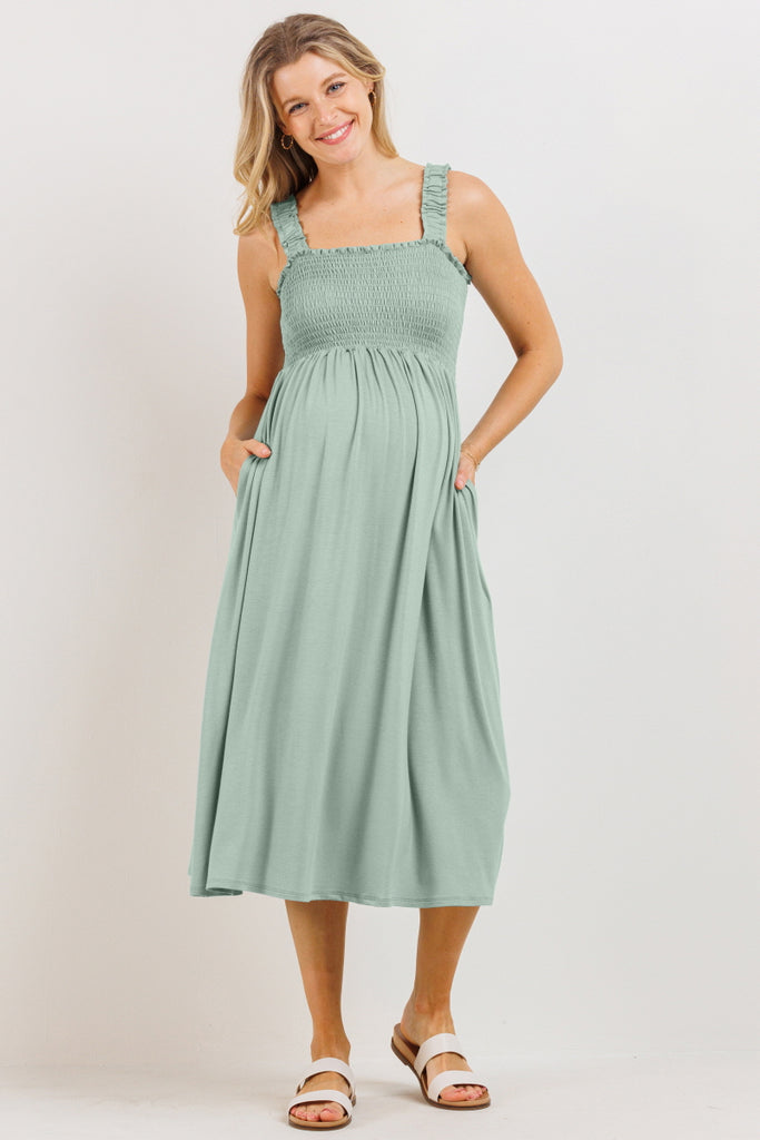 Sage Smocking Tube Maternity Flare Midi Dress Front