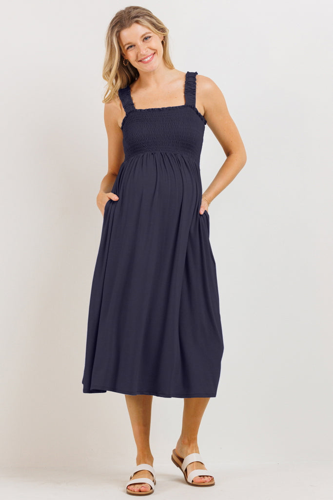 Navy Smocking Tube Maternity Flare Midi Dress Front