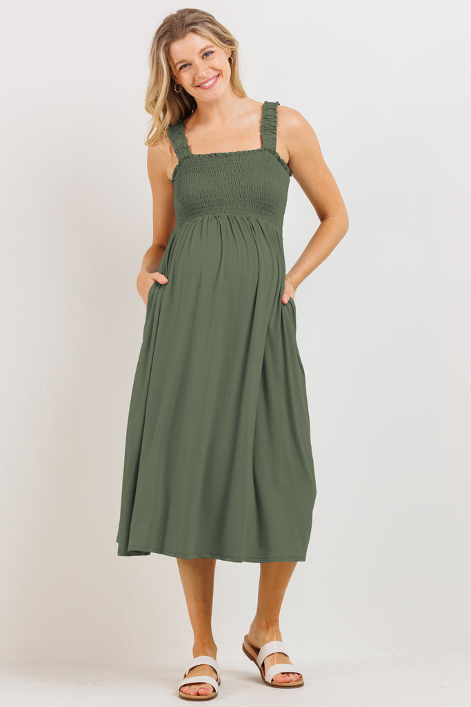 Olive Smocking Tube Maternity Flare Midi Dress Front