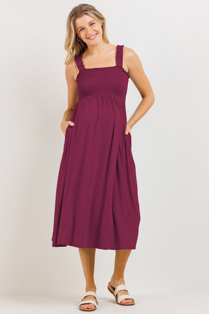 Magenta Smocking Tube Maternity Flare Midi Dress Front