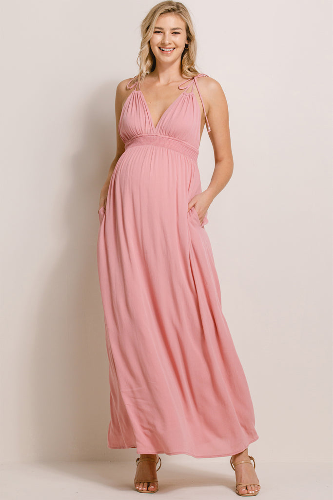 Rose V-Neck Open Back Maxi Maternity Dress