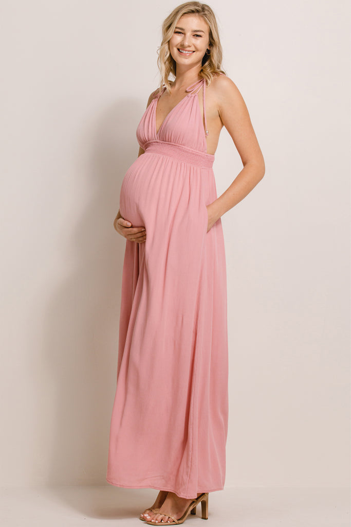 Rose V-Neck Open Back Maxi Maternity Dress