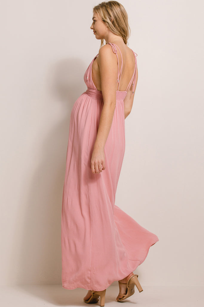 Rose V-Neck Open Back Maxi Maternity Dress