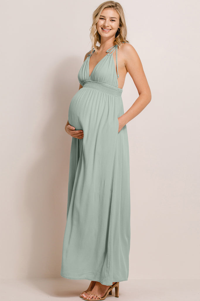 Sage V-Neck Open Back Maxi Maternity Dress
