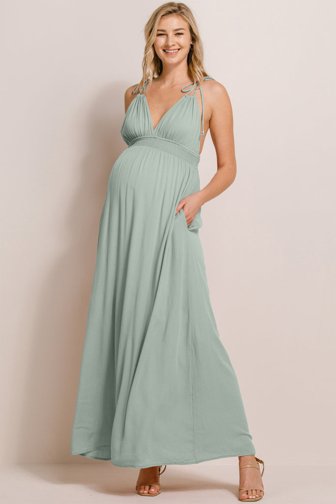 Sage V-Neck Open Back Maxi Maternity Dress