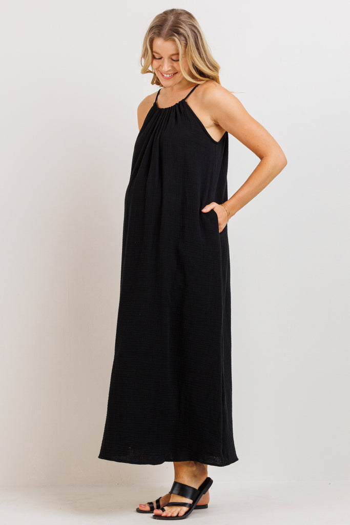 Black Tunnel Strap Pocket Maternity Maxi Dress