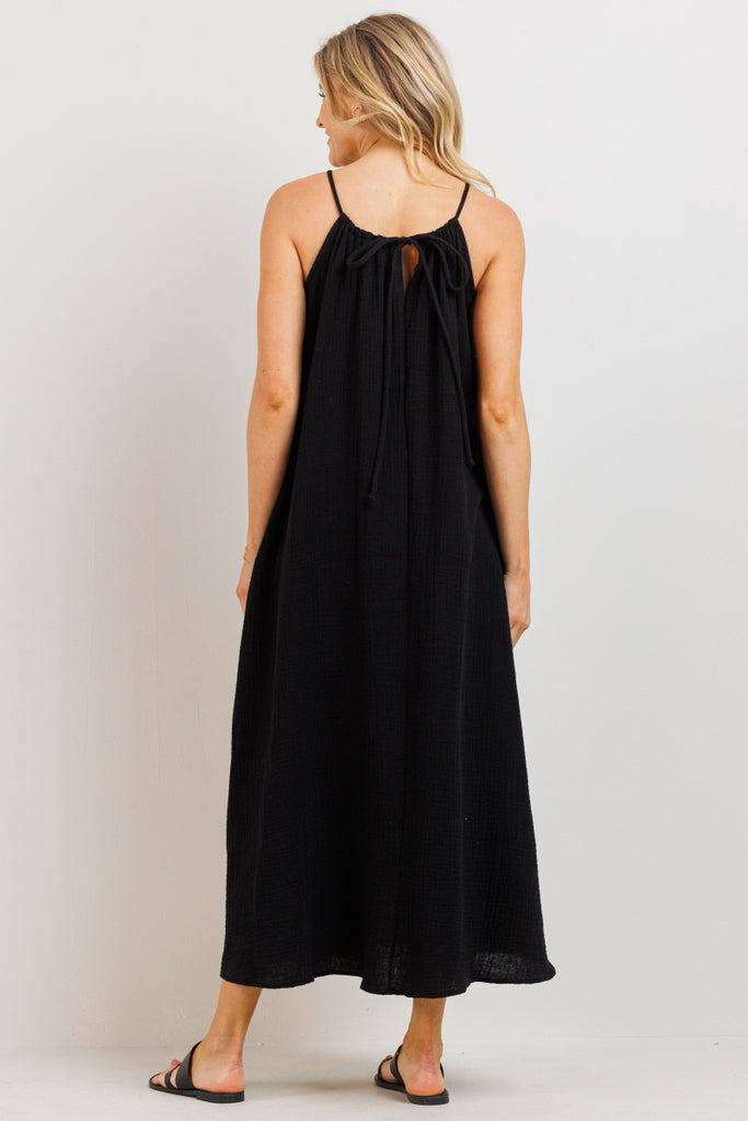 Black Tunnel Strap Pocket Maternity Maxi Dress