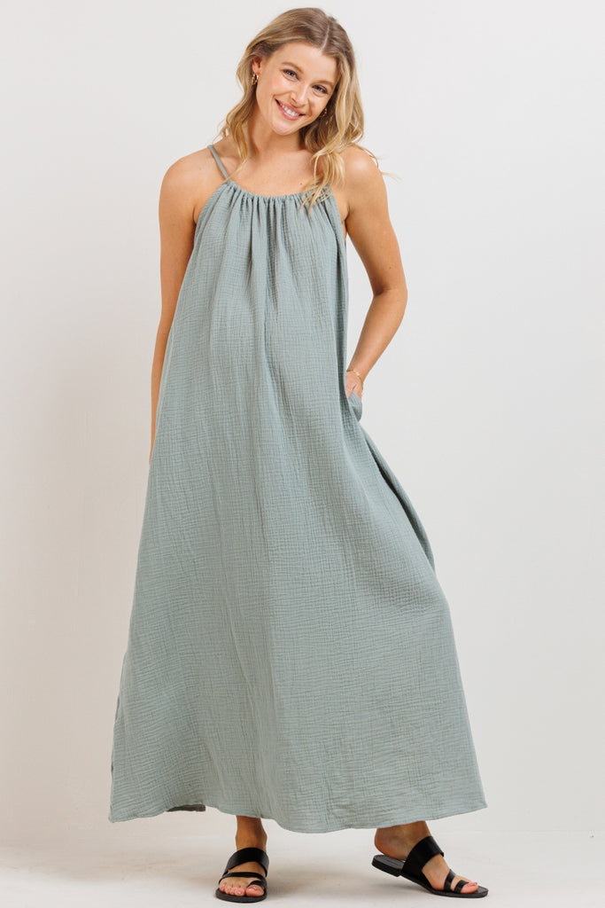 Sage Tunnel Strap Pocket Maternity Maxi Dress