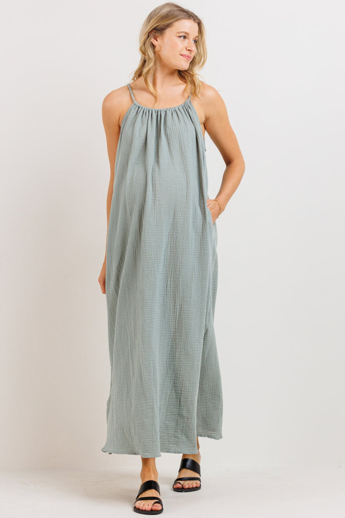 Sage Tunnel Strap Pocket Maternity Maxi Dress