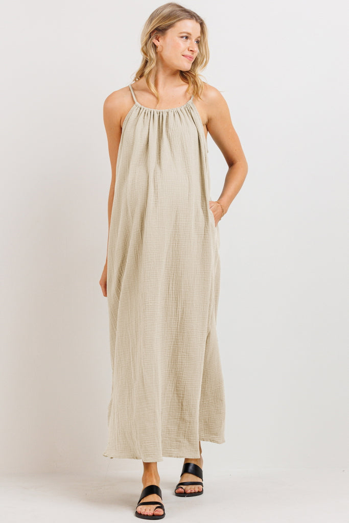 Taupe Tunnel Strap Pocket Maternity Maxi Dress