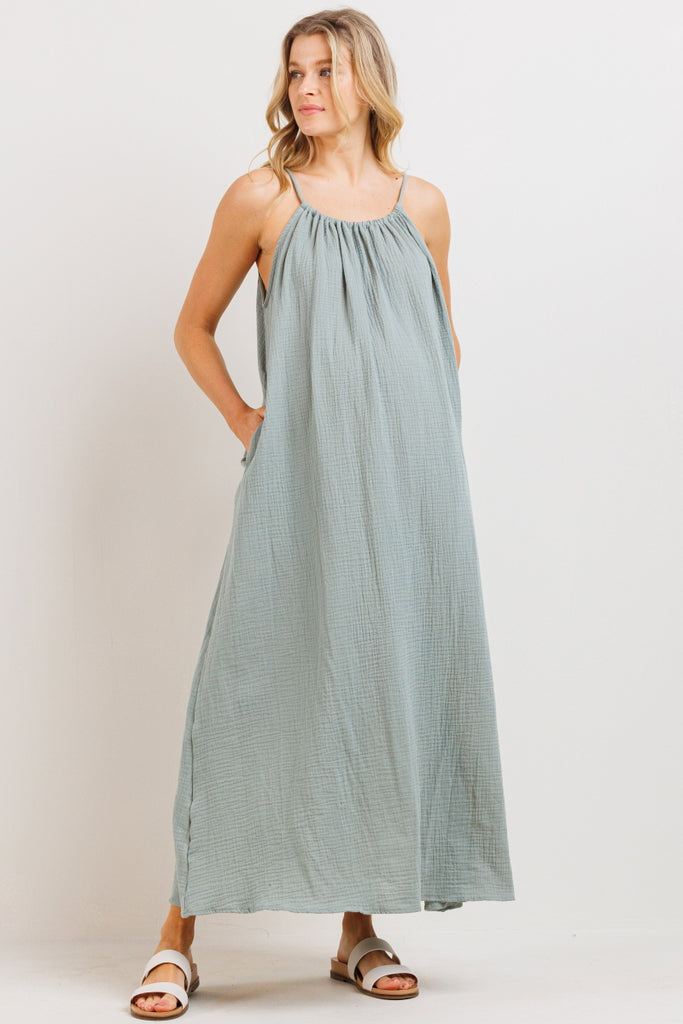 Sage Tunnel Strap Pocket Maternity Maxi Dress