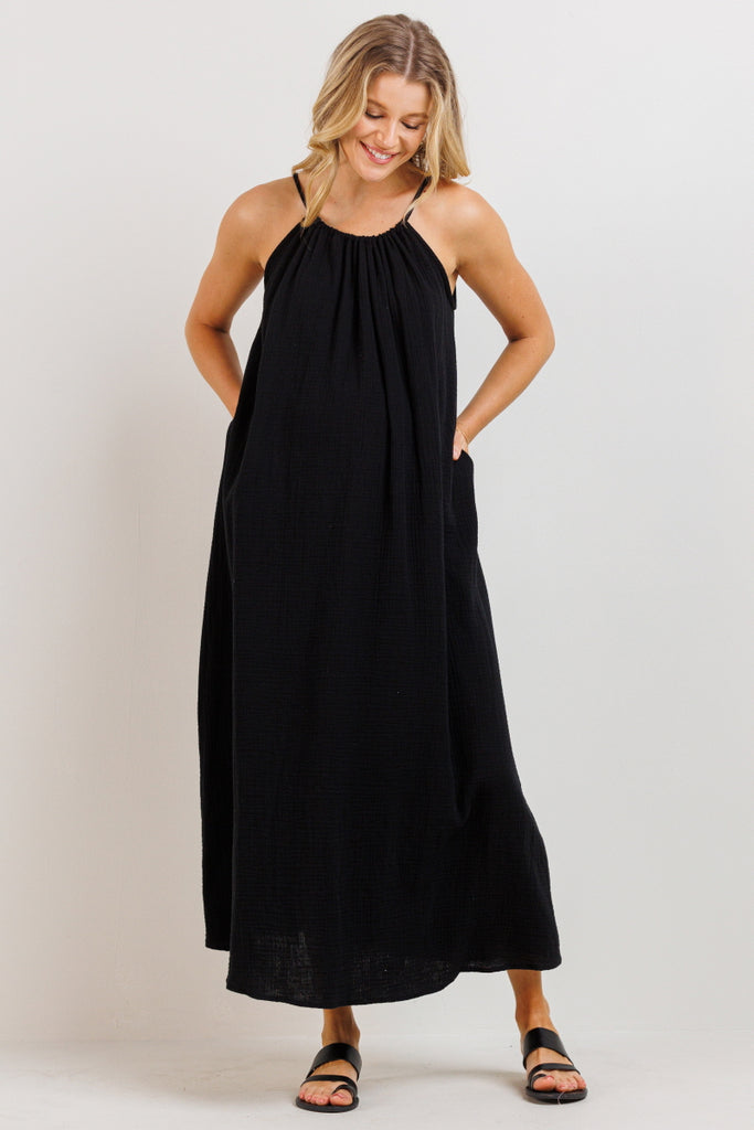 Black Tunnel Strap Pocket Maternity Maxi Dress