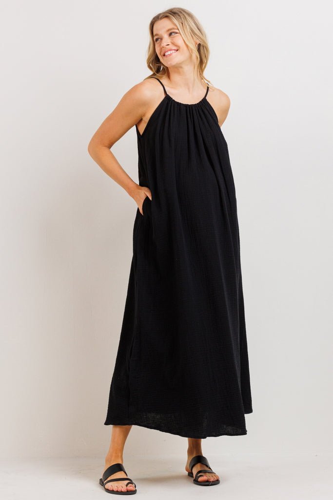 Black Tunnel Strap Pocket Maternity Maxi Dress