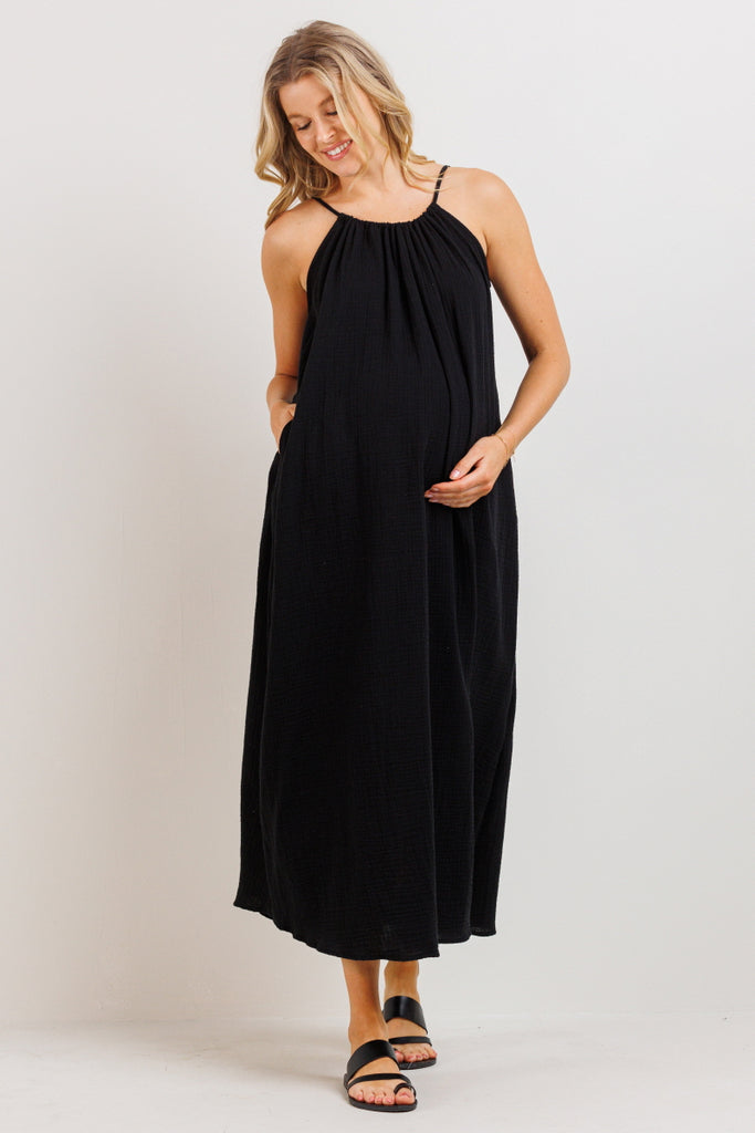 Black Tunnel Strap Pocket Maternity Maxi Dress