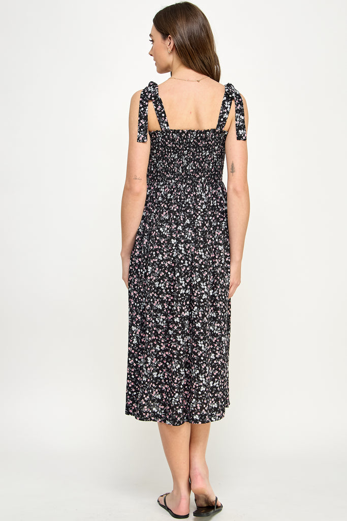 Black Ditsy Floral Smocking Top Midi Maternity Dress