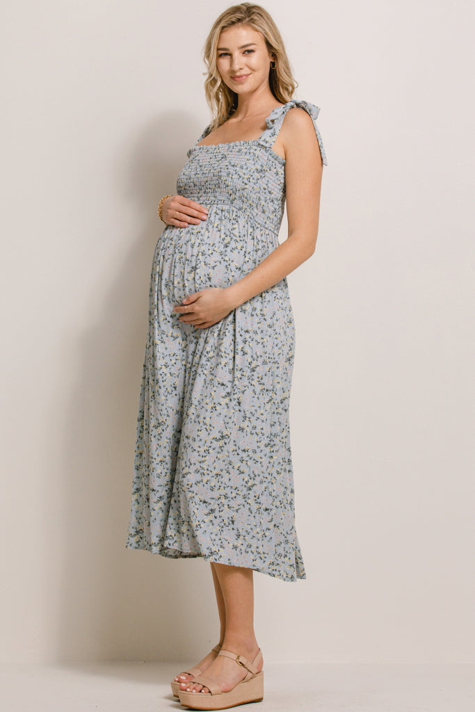 Sage Ditsy Floral Smocking Top Midi Maternity Dress